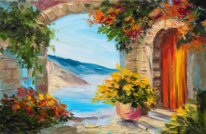 Oil painting - house near the sea - summer seascape